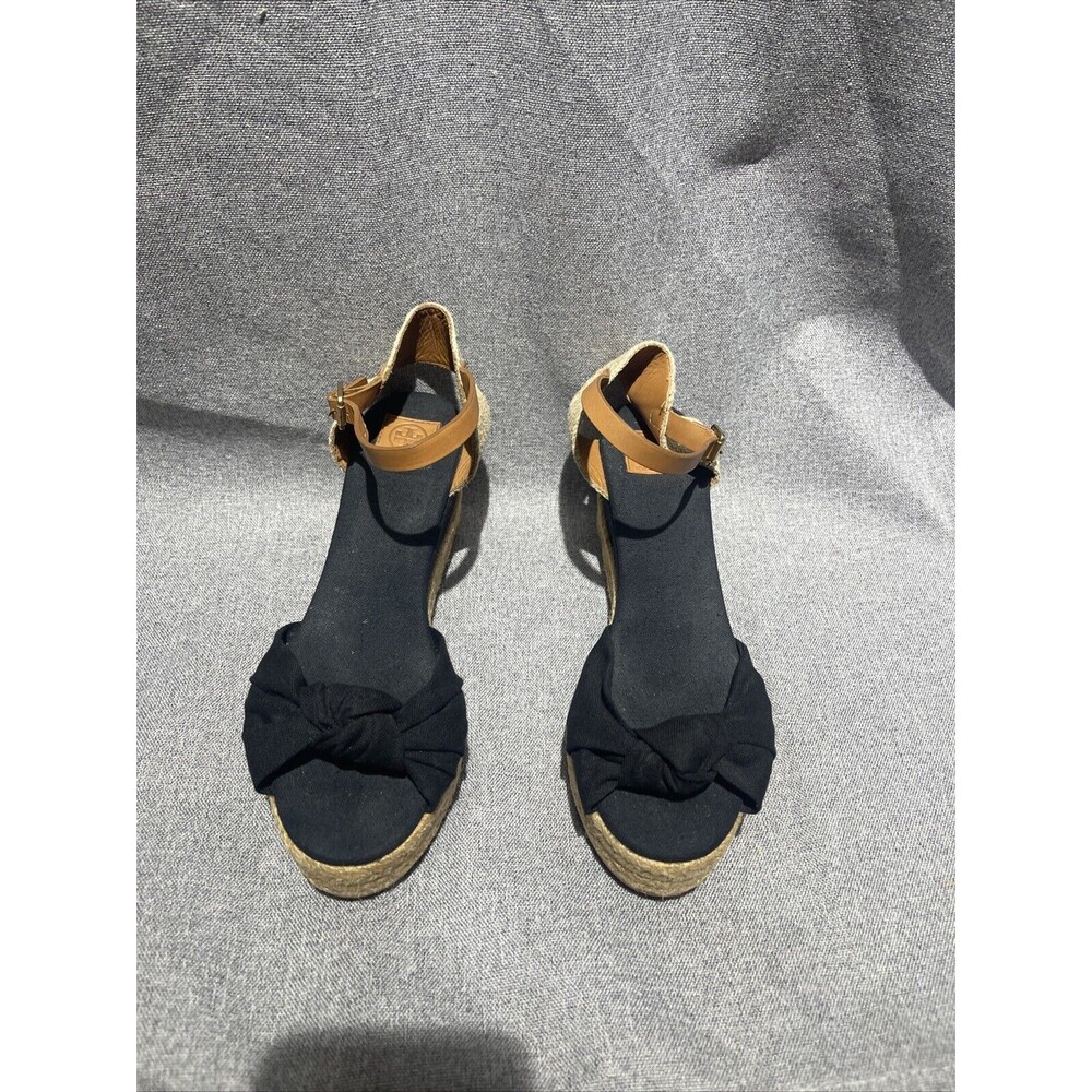 Tory Burch Black and Tan Knotted Espadrille Wedge Sandals